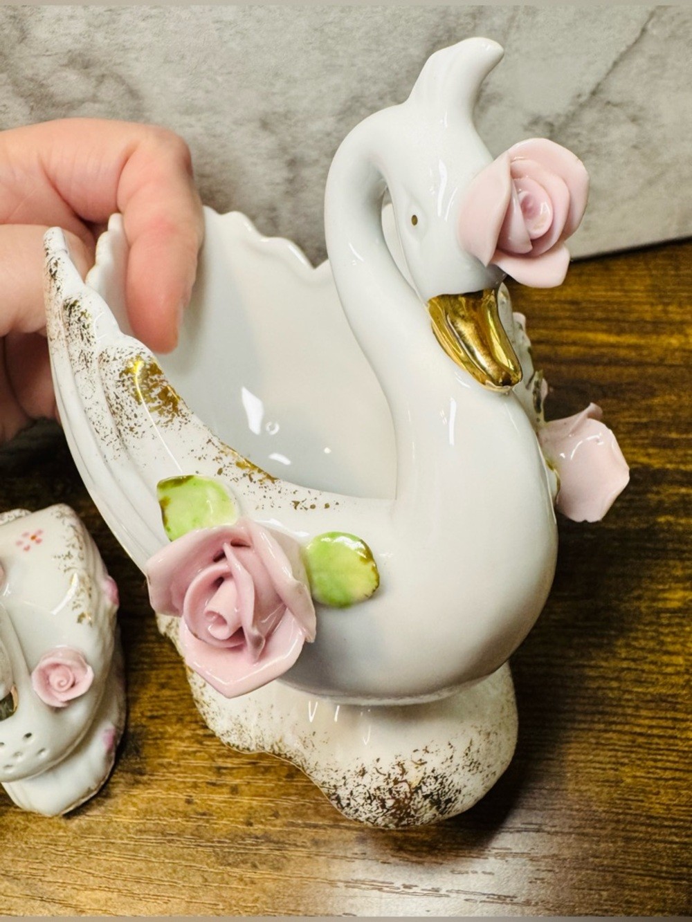 Vintage Napco Porcelain Swan Planter Vase w/ Japan Salt & Pepper Shakers