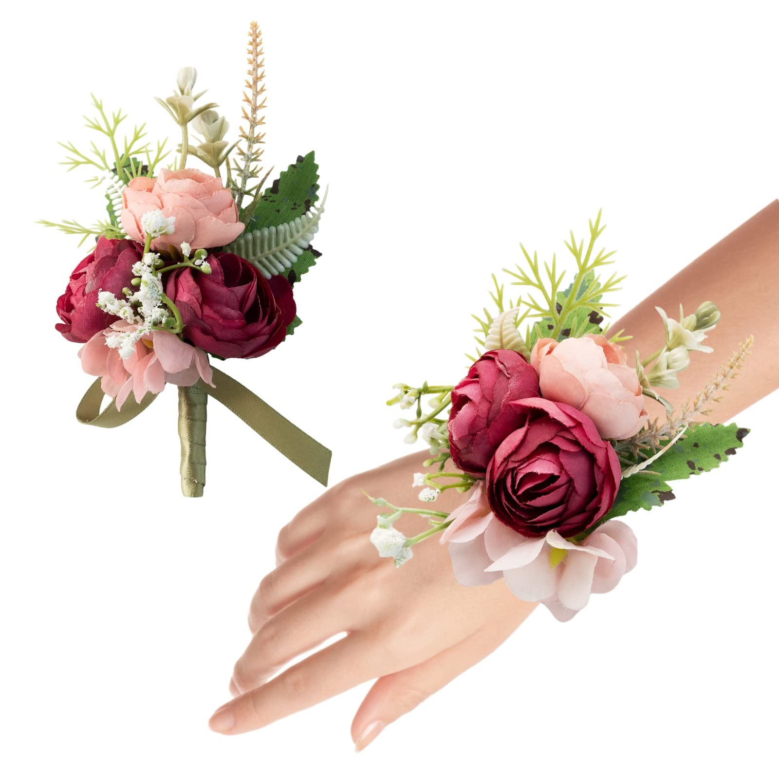2 PCS Wrist Corsage Boutonniere Set Wedding Bridesmaid Artificial Roses Red