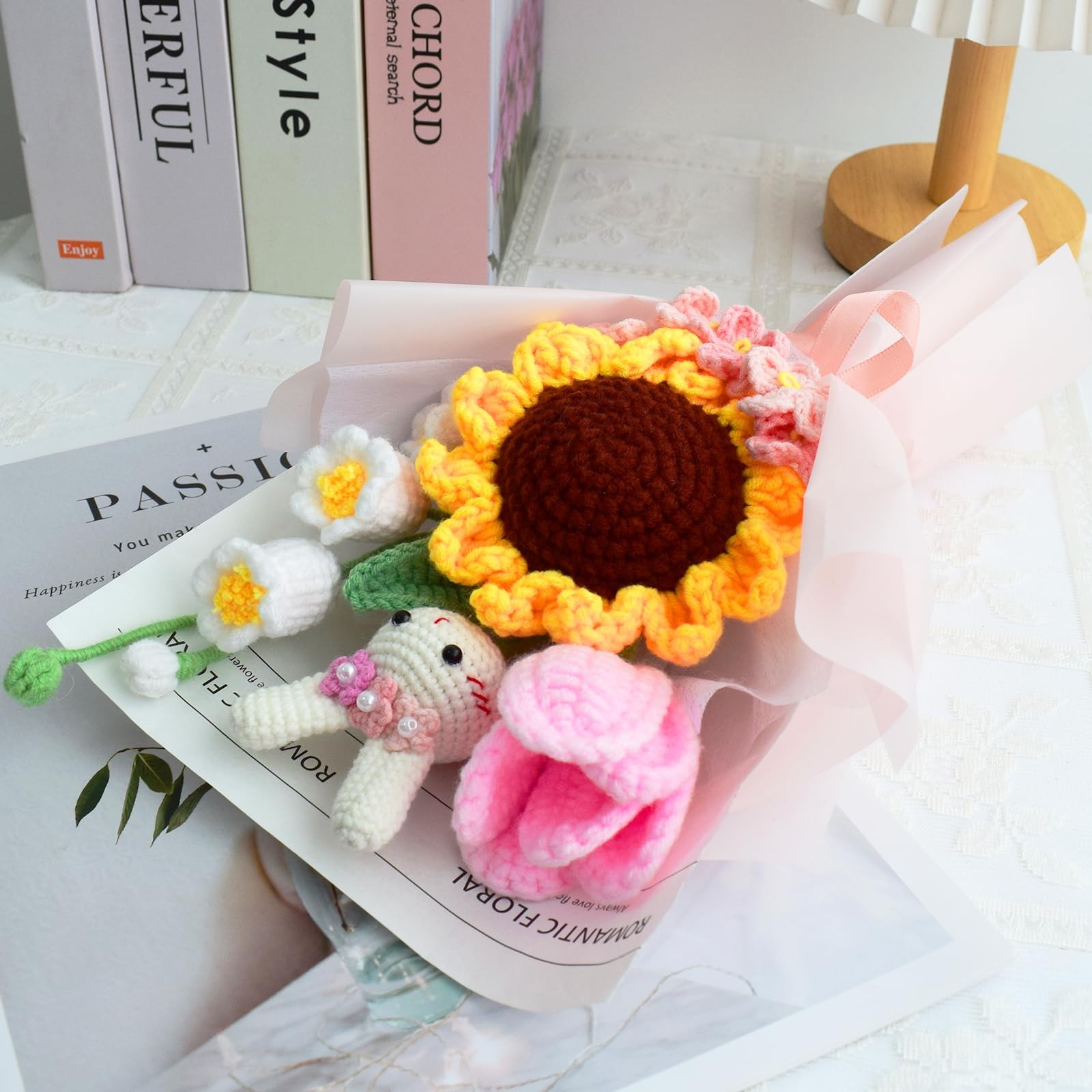 Cute Knitted Bunny Bouquet, Crochet Roses Flower, Flowers Bouquet with Bee, C…