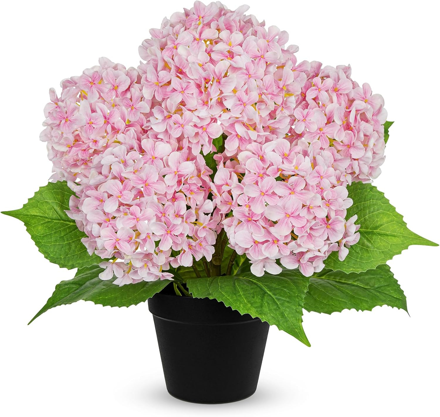 Realistic 18″ Pink Hydrangea Plant in Black Pot for Home & Outdoor Decor