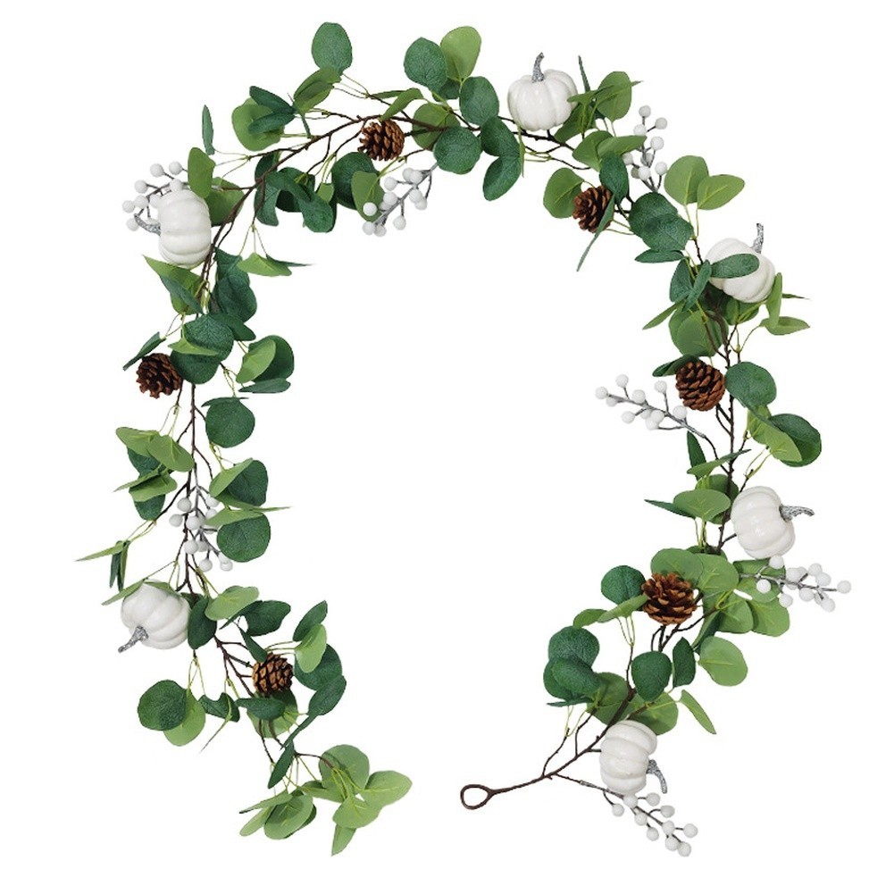 Green Vine Wreath with 8cm Pumpkins Pinecones and Textured Foliage 190cm