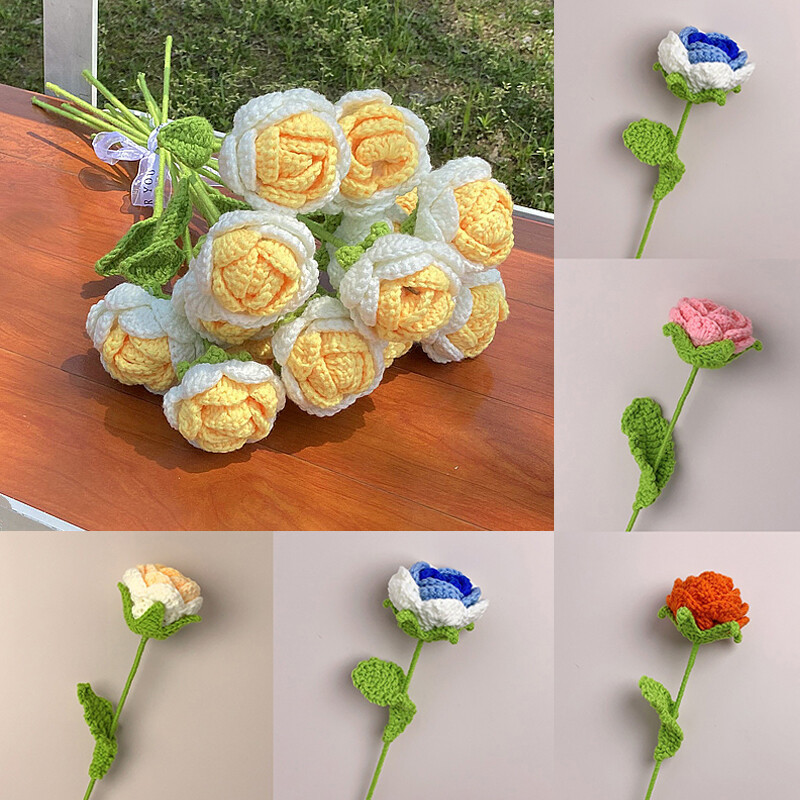 Hand Knitted Flower Yarn Crochet Rose Flowers Hand Craft Bouquet Wedding Decor