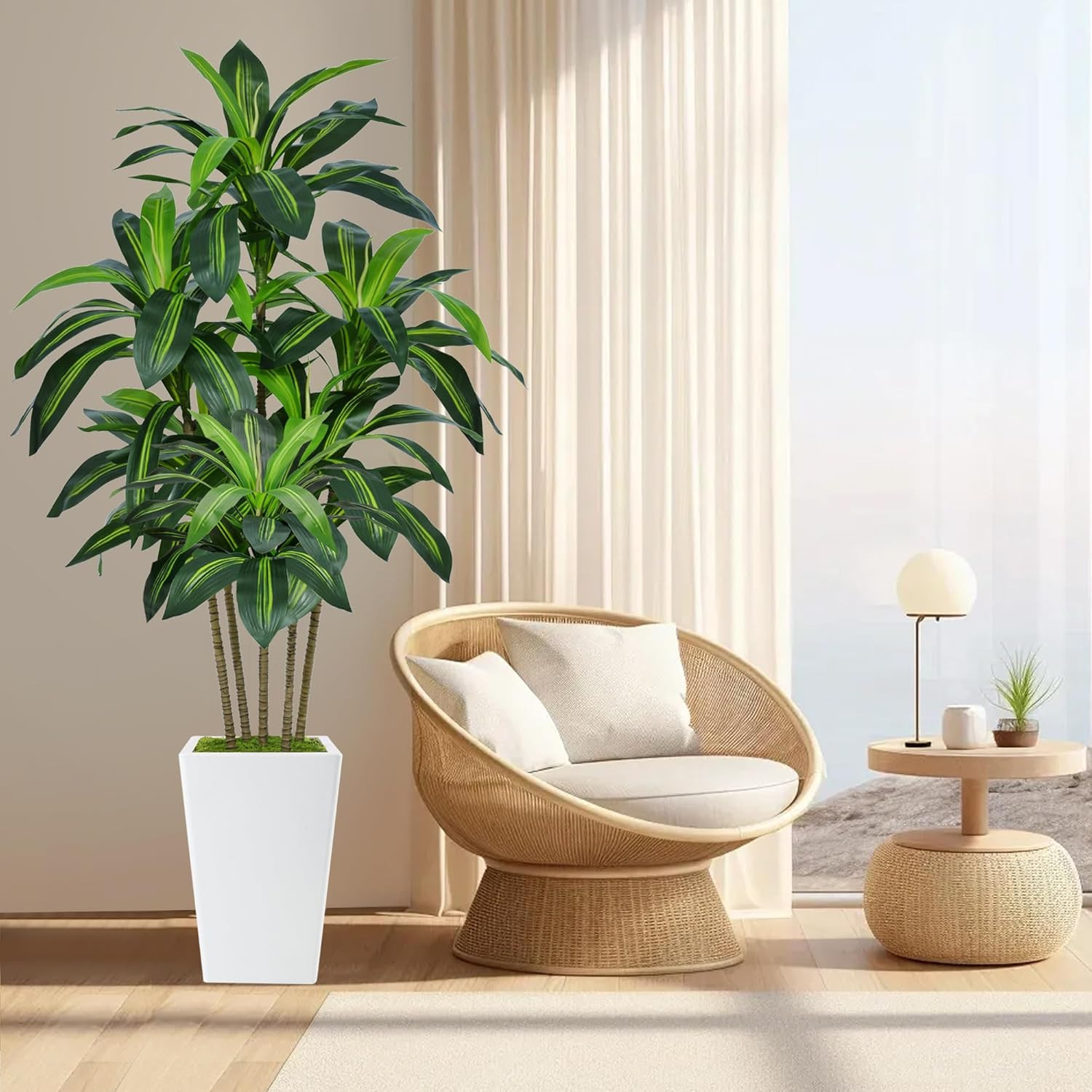 6FT Artificial Dracaena Tree, Fake Tree Indoor with White Tall Planter,Tall Arti