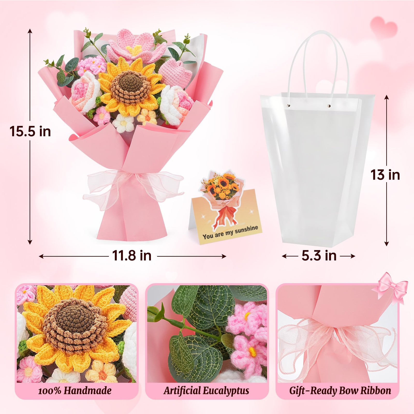 Crochet Flower Bouquet – Handmade Knitted Sunflower Crochet Flowers, Pink Cro…