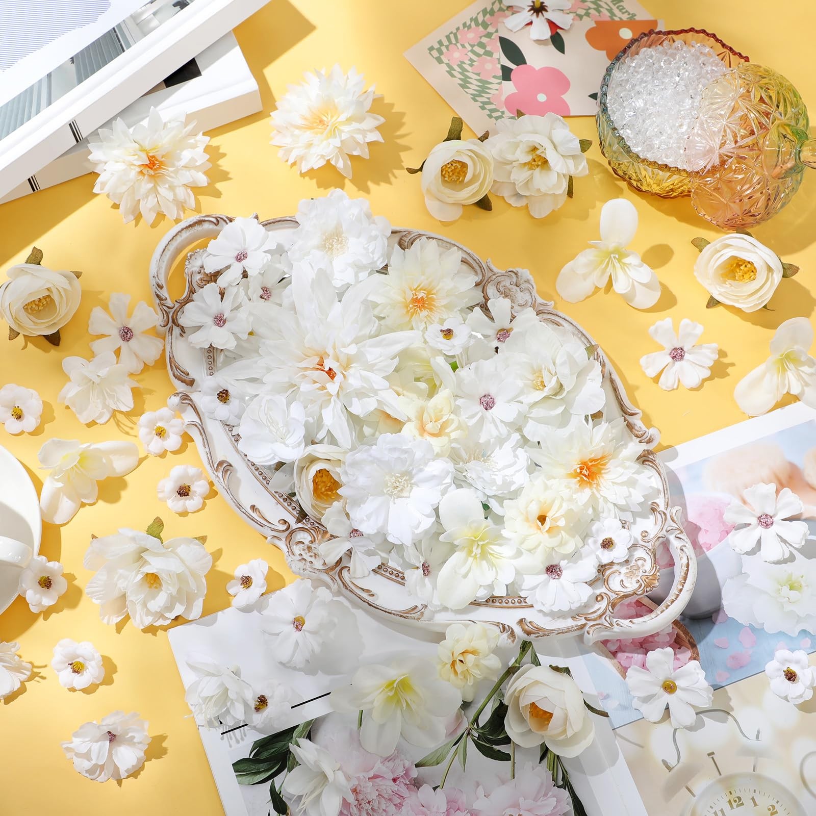 Fake Flower Heads 80 PCS Assorted White Mini Daisy Peony Rose for Crafts