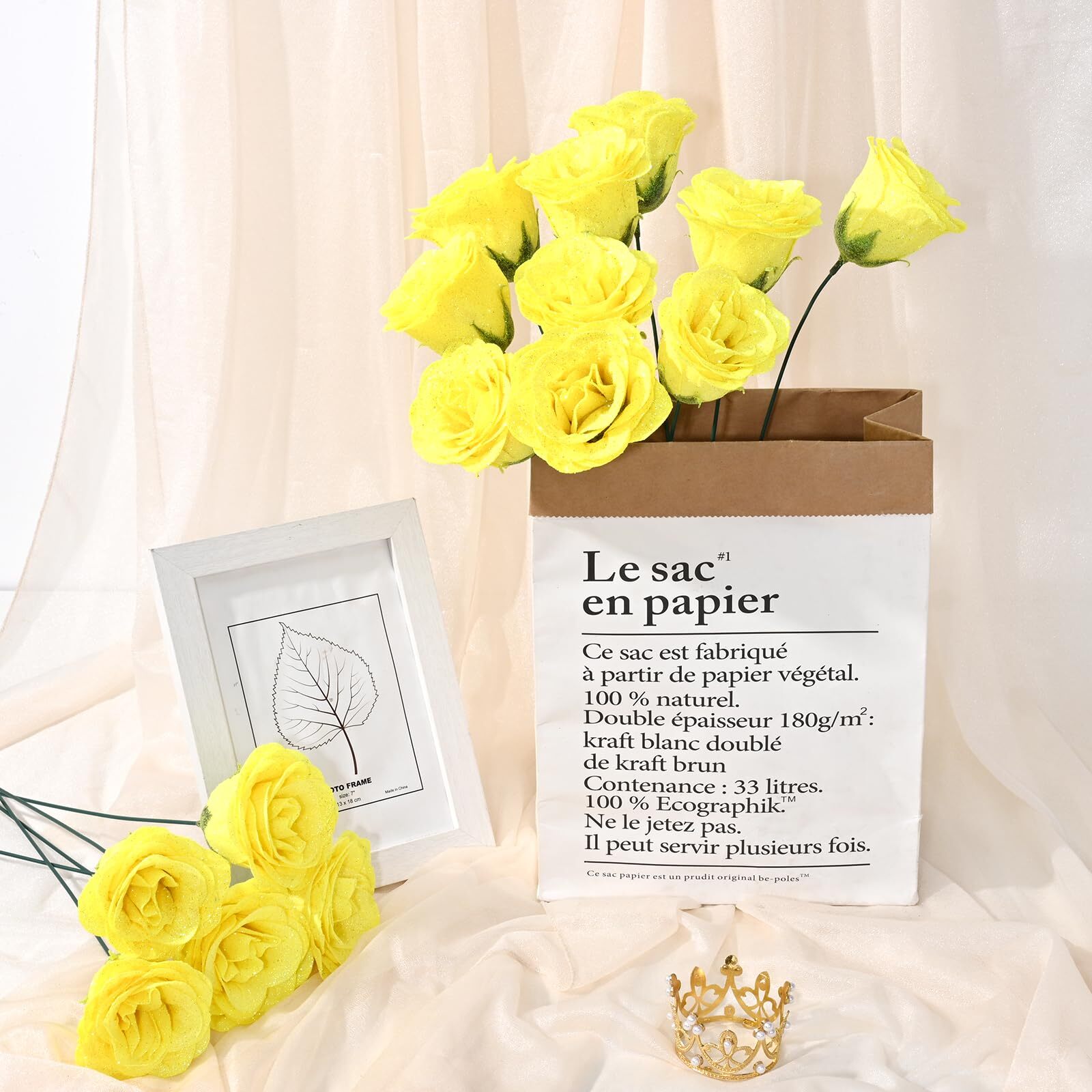 Glitter Roses Bouquet DIY Yellow Fake Flowers Bouquet Everlasting Shiny Artif…