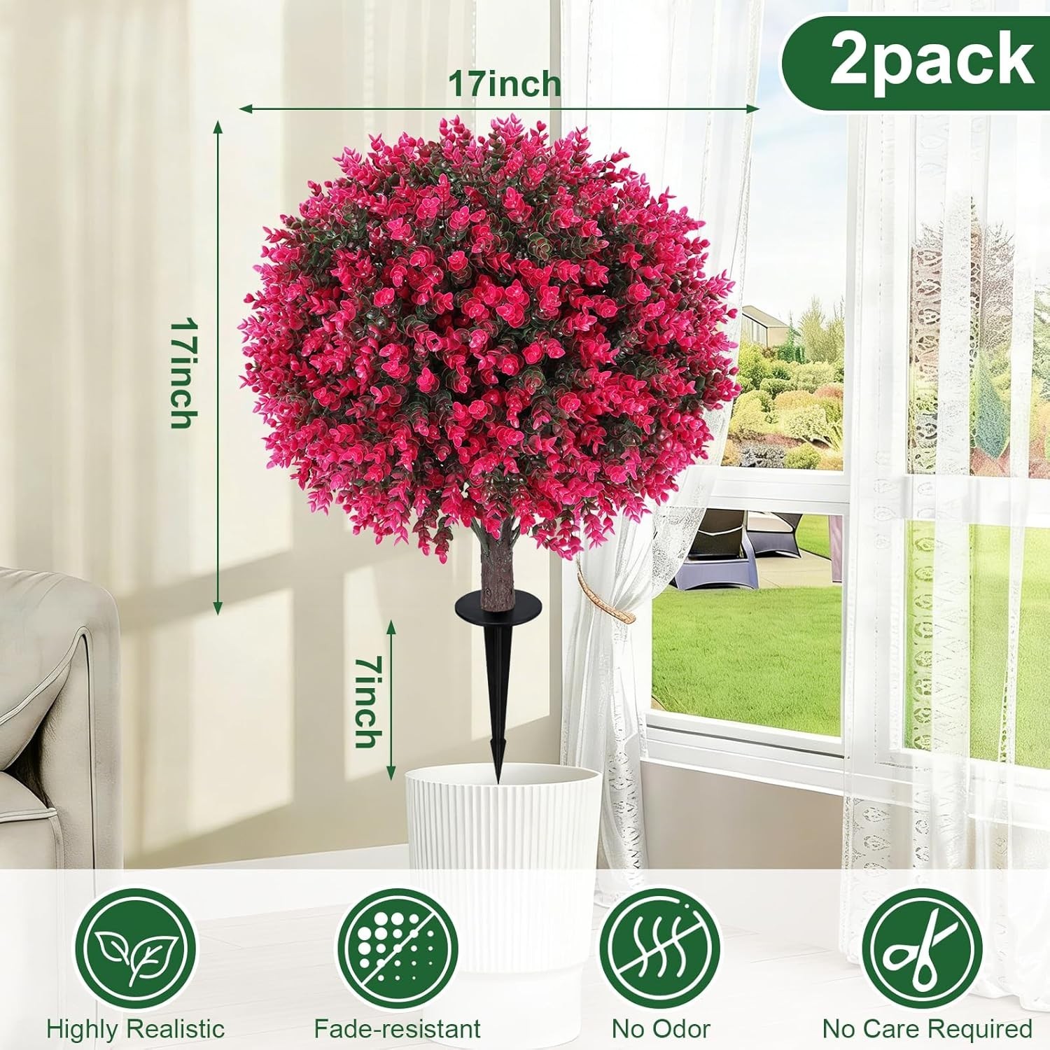 24″ Artificial Eucalyptus Topiary Ball Trees with Ground Spike Set of 2, UV R…