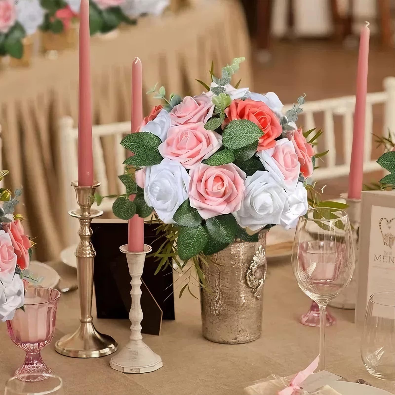 Artificial Flowers 25pcs 3″ Realistic Foam Fake Roses with Stems,Faux Floral …