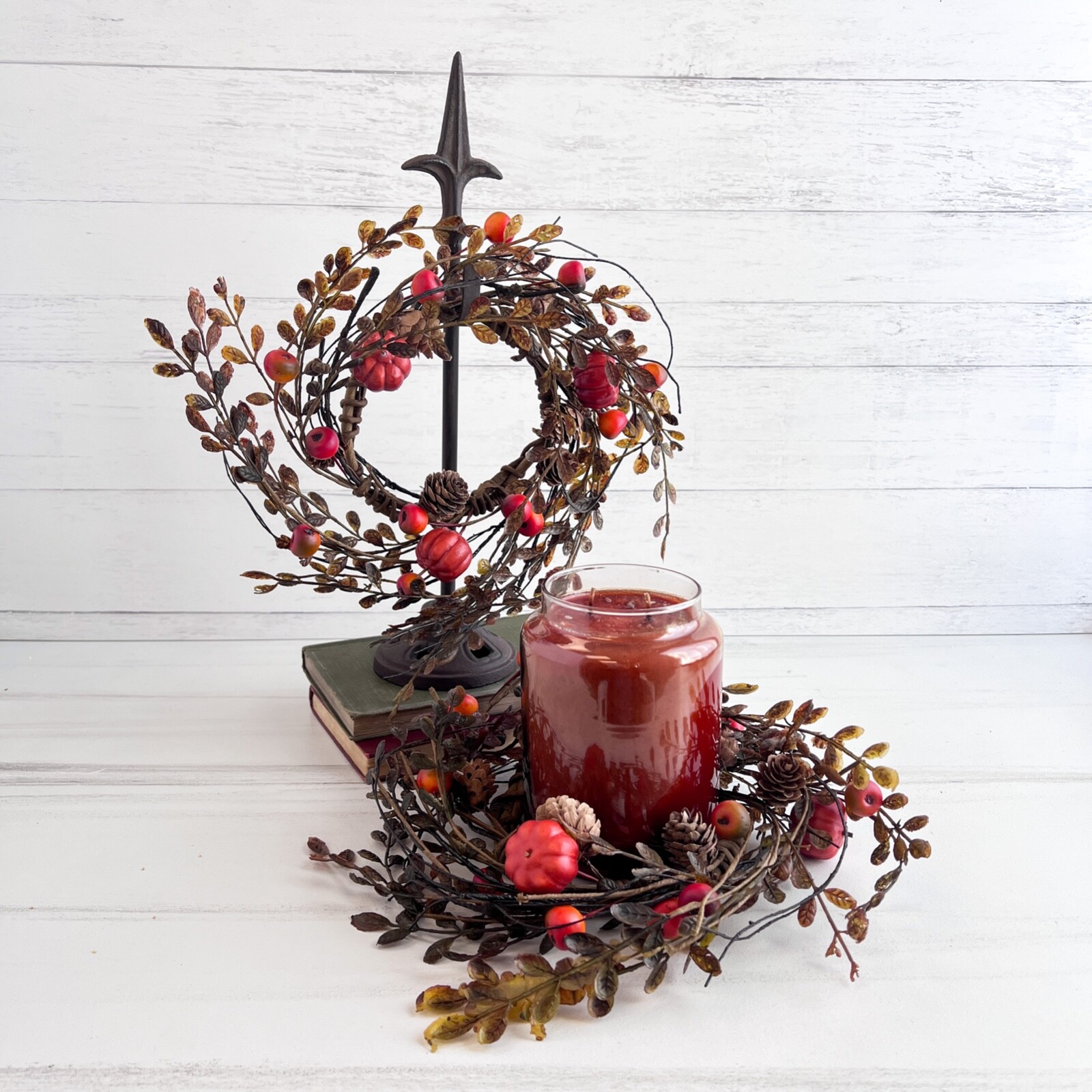 Pumpkin & Berry Candle Ring / Wreath 4.5″ Inner Diameter Autumn Fall Floral
