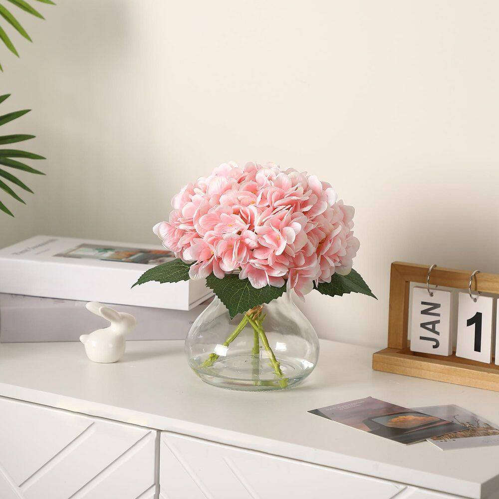 Artificial Hydrangea Flowers with Glass Vase and Fake Water for Home Table, Wedd