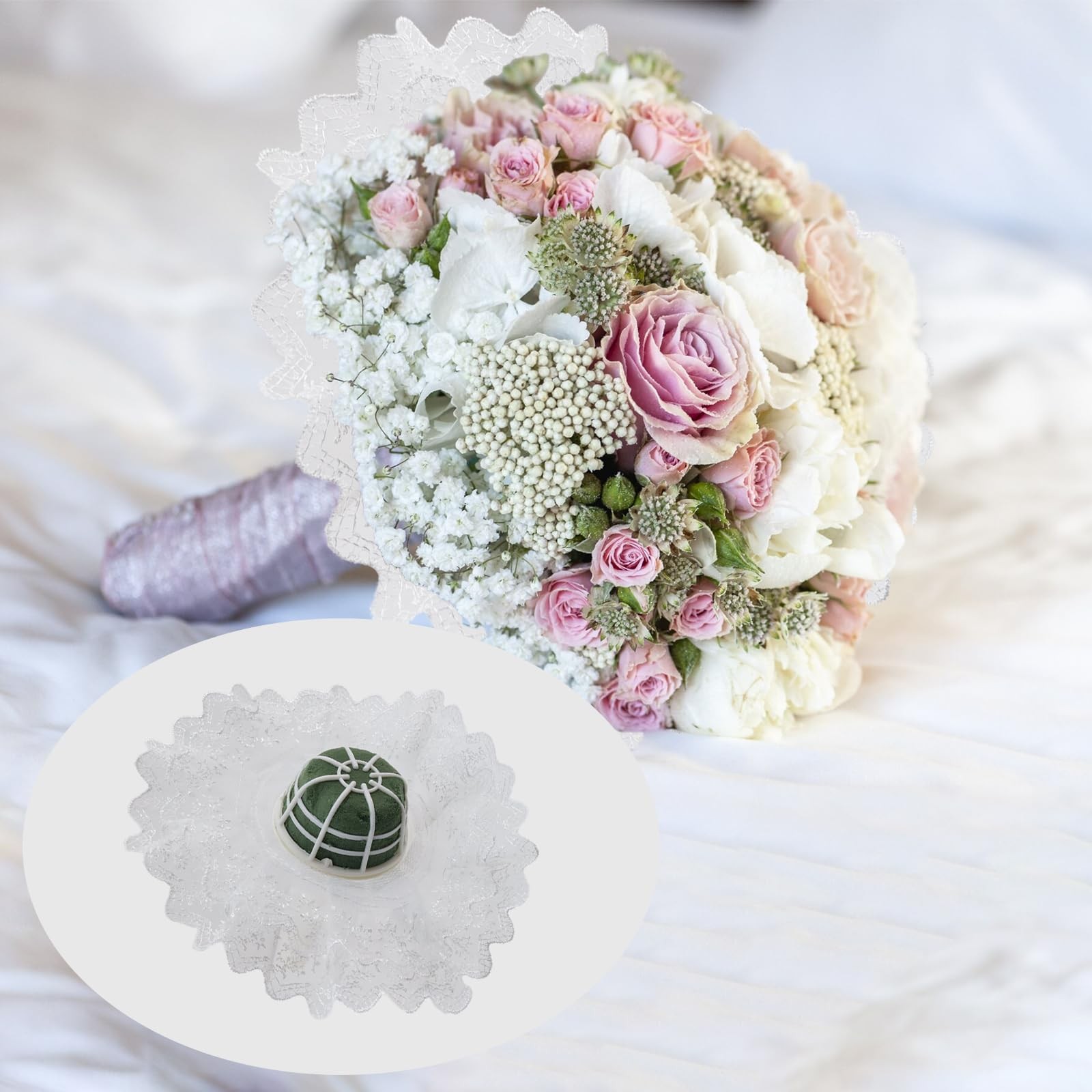 2PCS Bouquet Holder + 2PCS White Lace Bouquet Collar Bridal Bouquet Handle Fl…