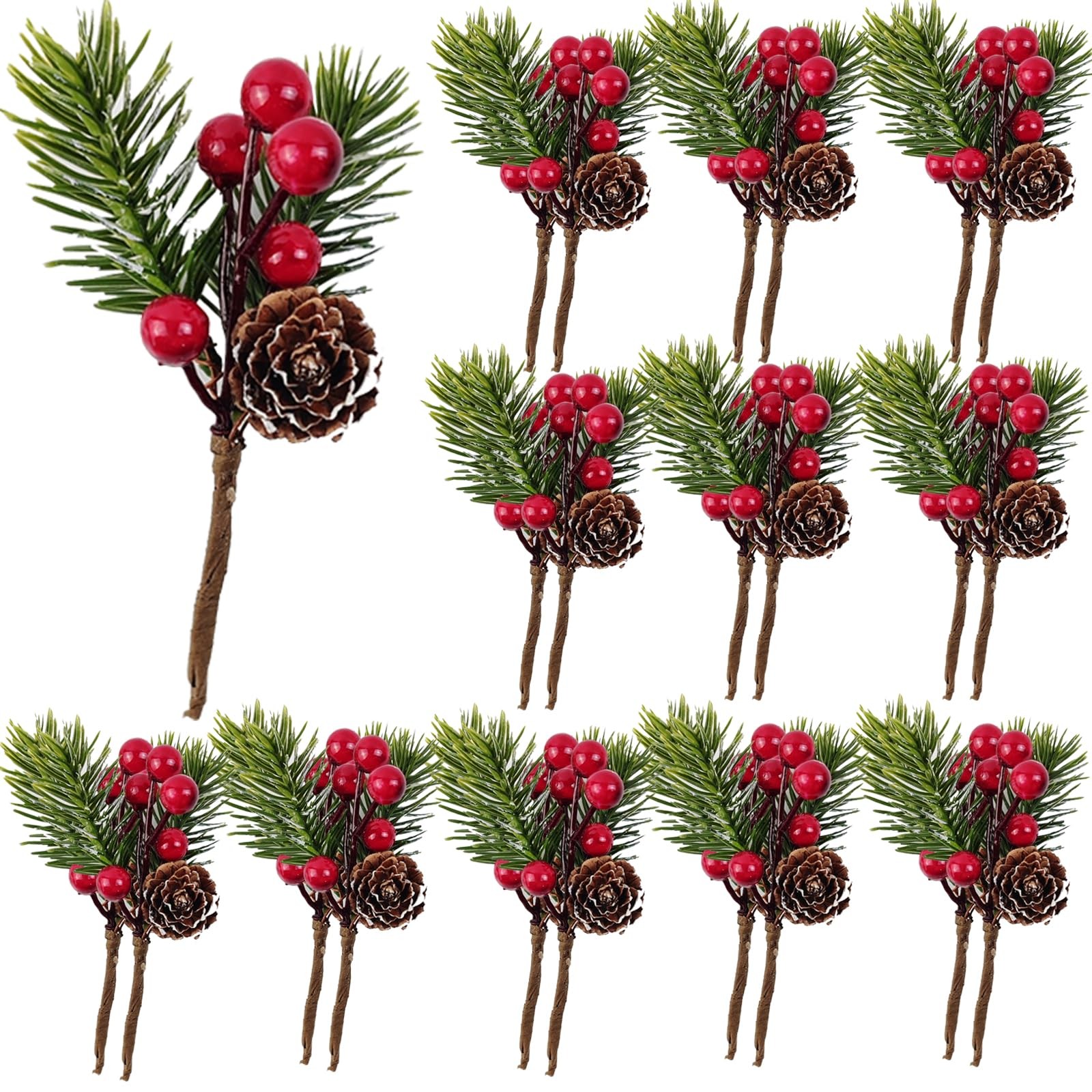20PCS 4.5inch Red Berry Stems Pine Branches Evergreen Berries Décor Artificia…