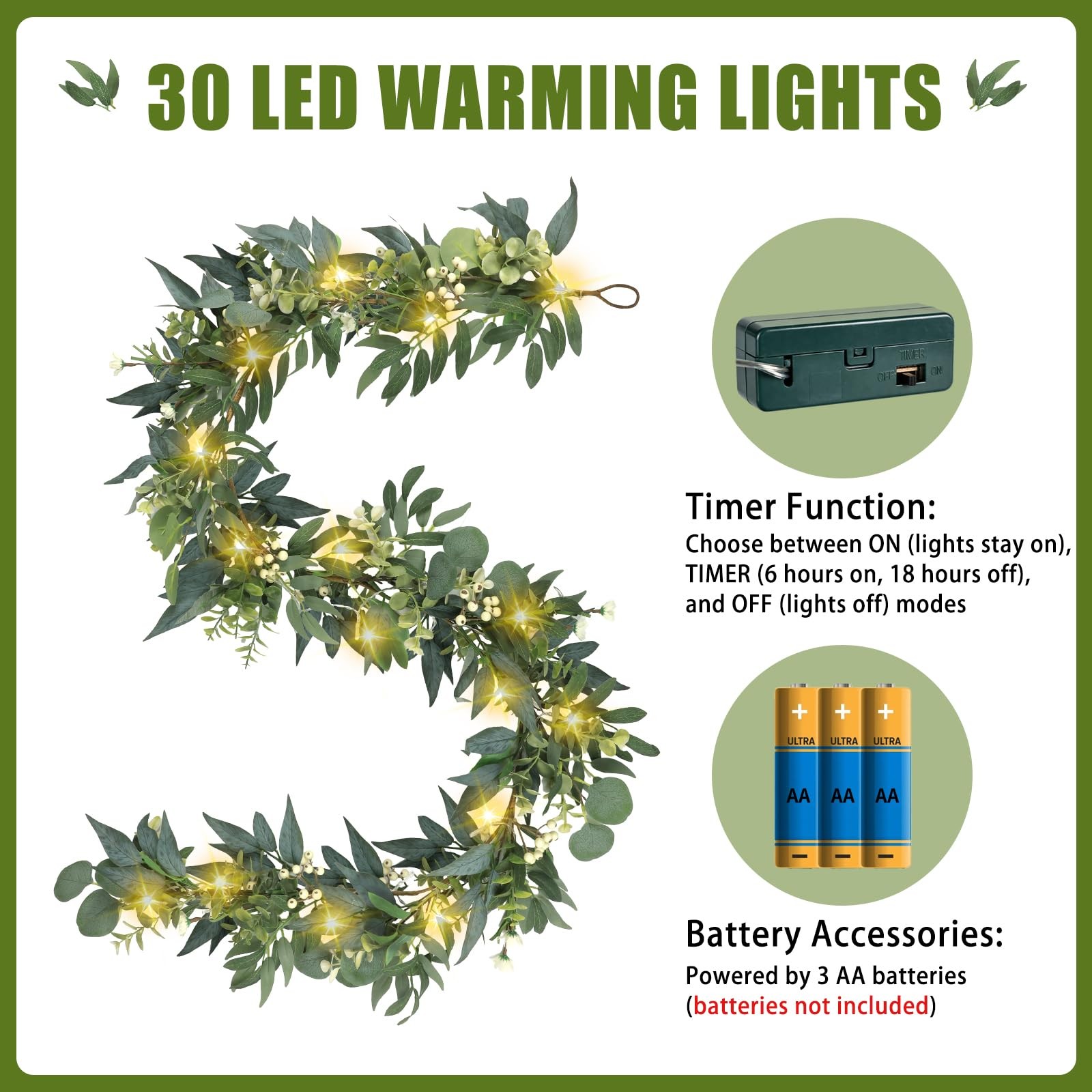 Eucalyptus Garland with Lights – 6 Ft Greenery Garland – Artificial Silver Do…