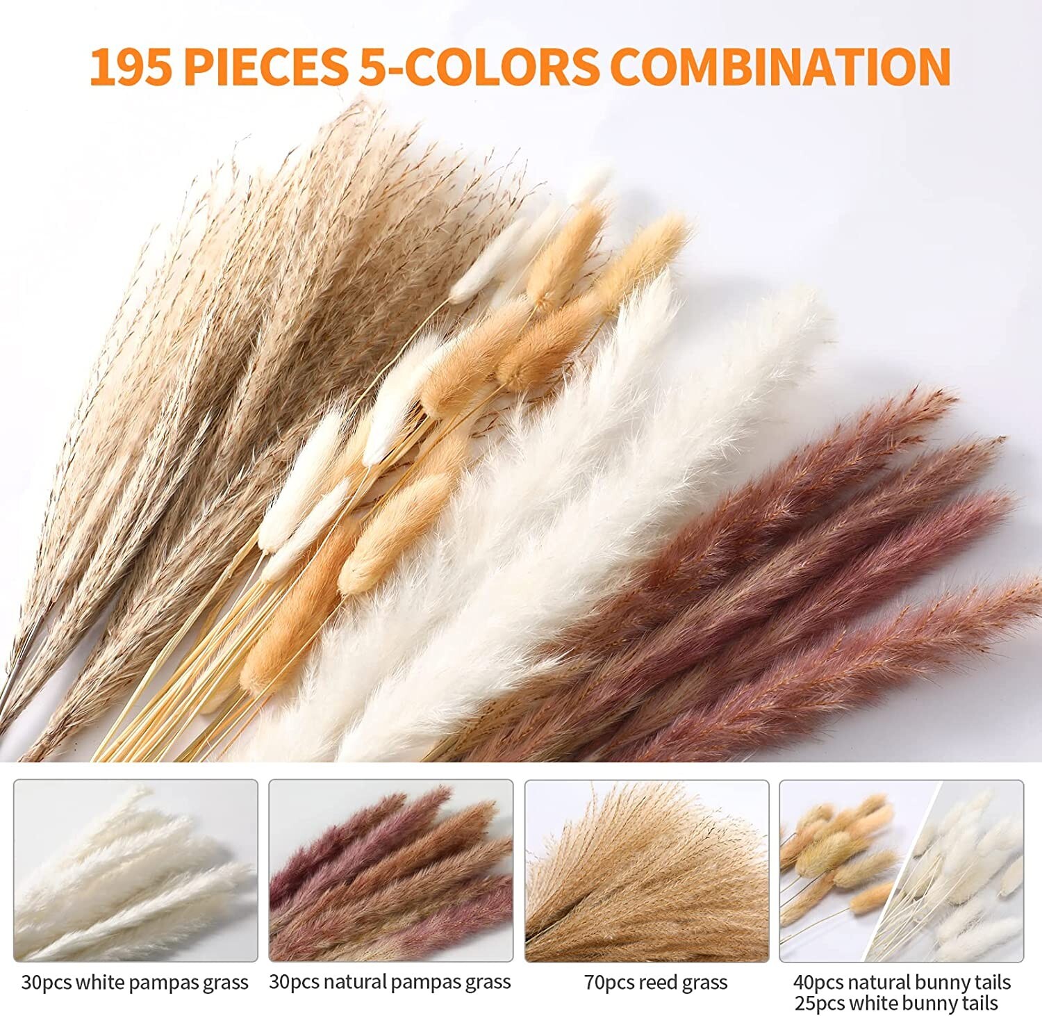 195Pcs Dry Pampas Grass Decor Fluffy Stem Bouquet for Boho Wedding Decor, 17.5″