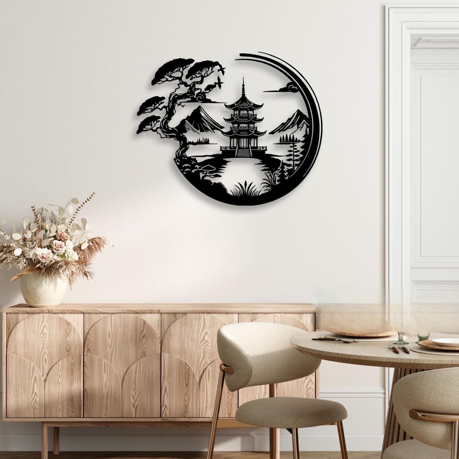 Bonsai Tree Torii Gate Metal Wall Decor – Japanese Style Room Decor Black Wal…