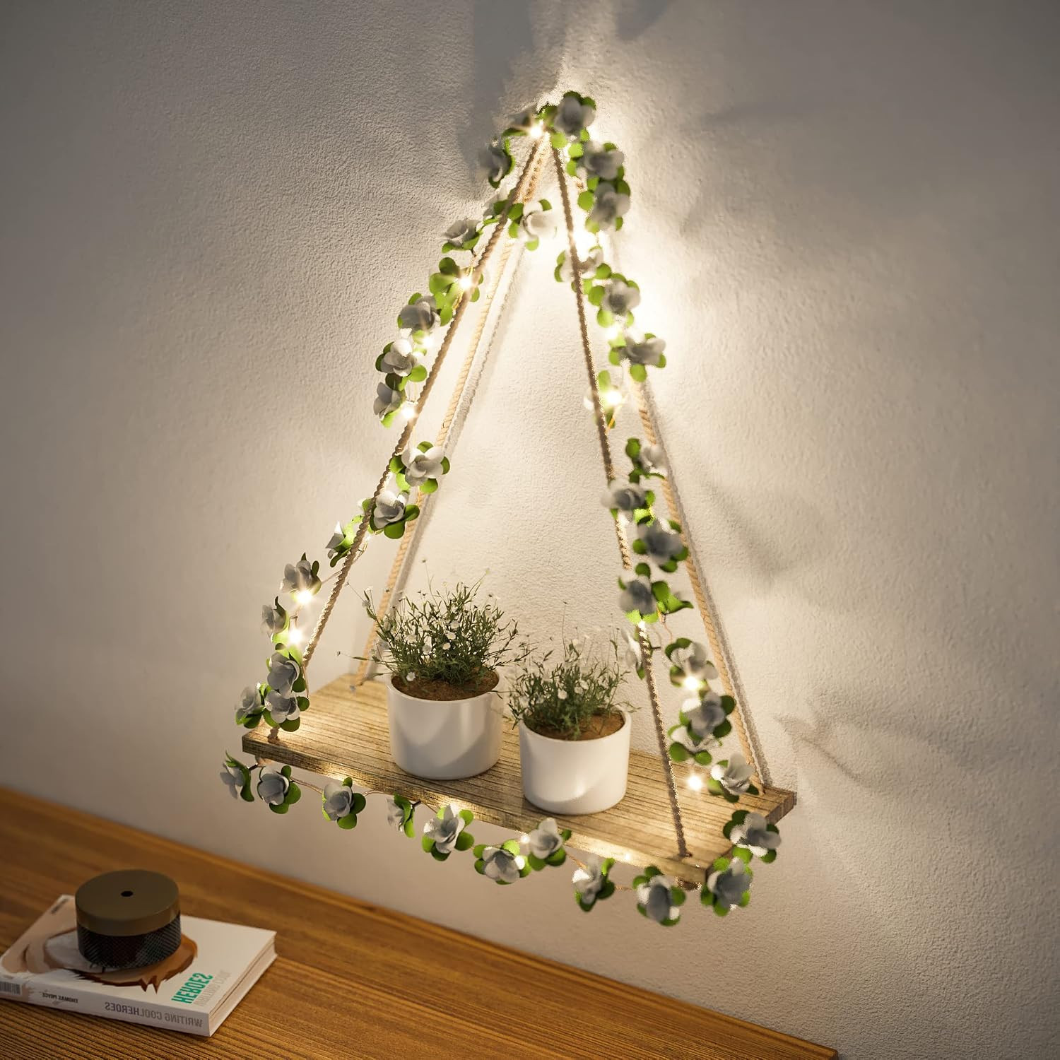 Artificial White Flower Garland with LED-Strip Wall Hanging Shelves Set of 2, Bo