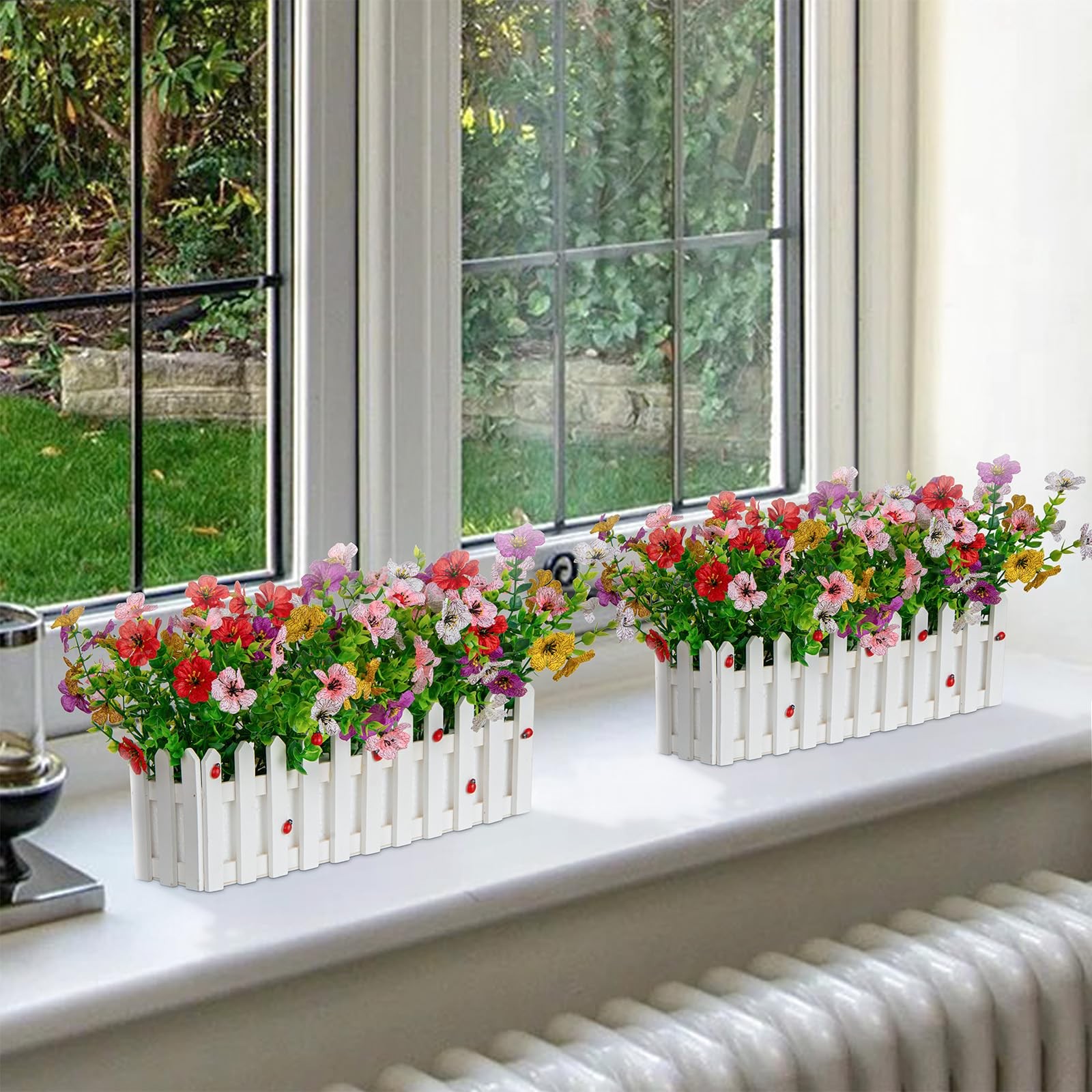 Artificial Colorful Flowers Plants in Picket Fence Pot, Fake Silk Flowers Euc…