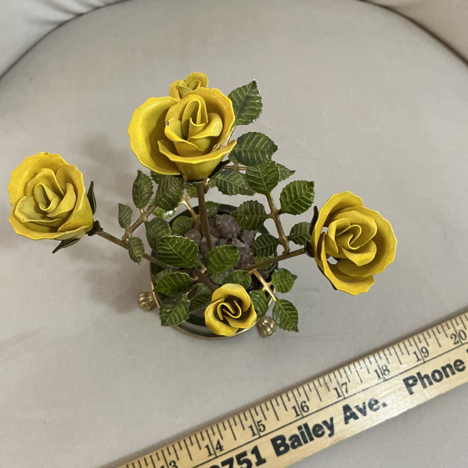 Enamel on Copper Yellow Potted Roses On Footed Base Vintage.