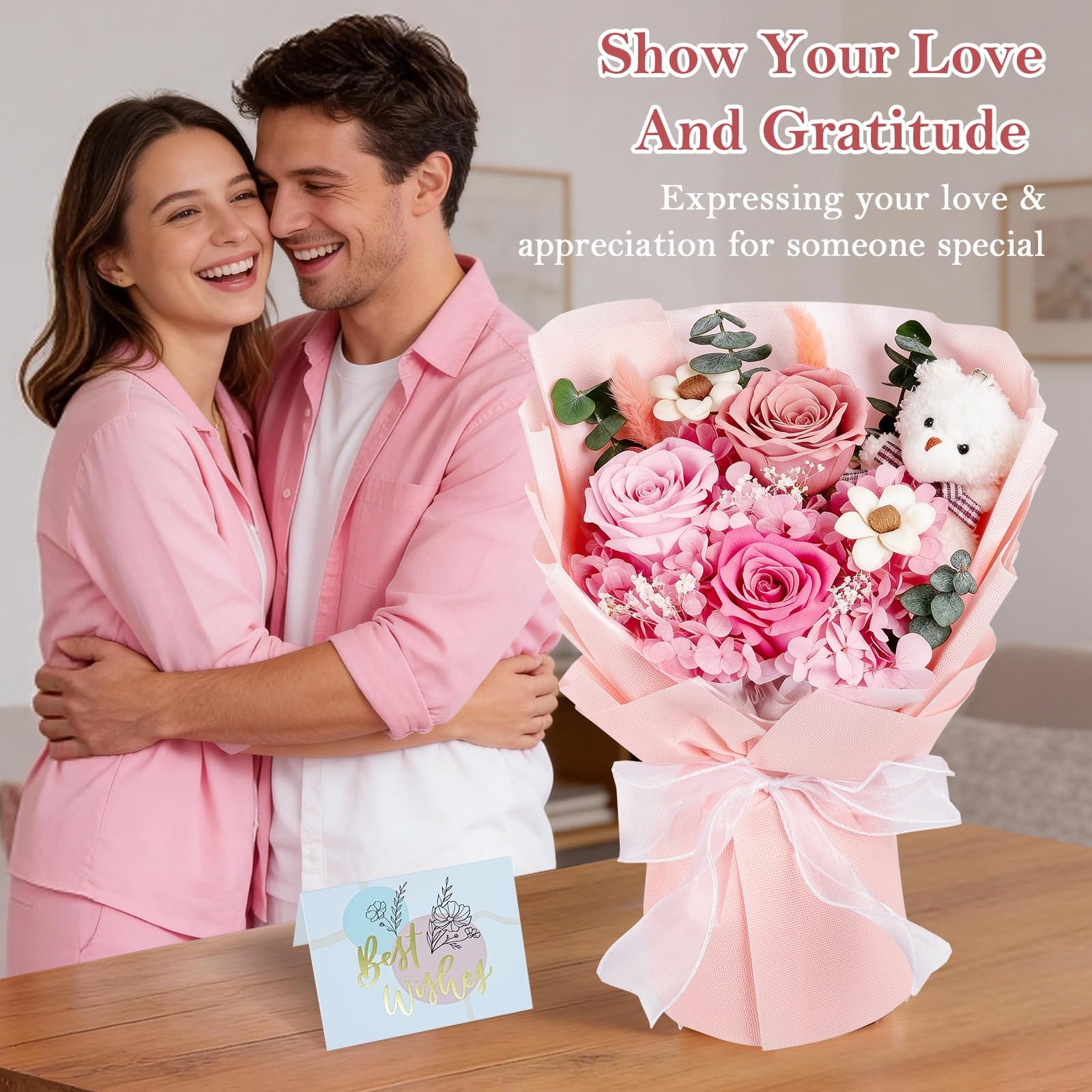 Preserved Flowers Bouquet Bear Forever Eternal Roses Gift Box Birthday Women