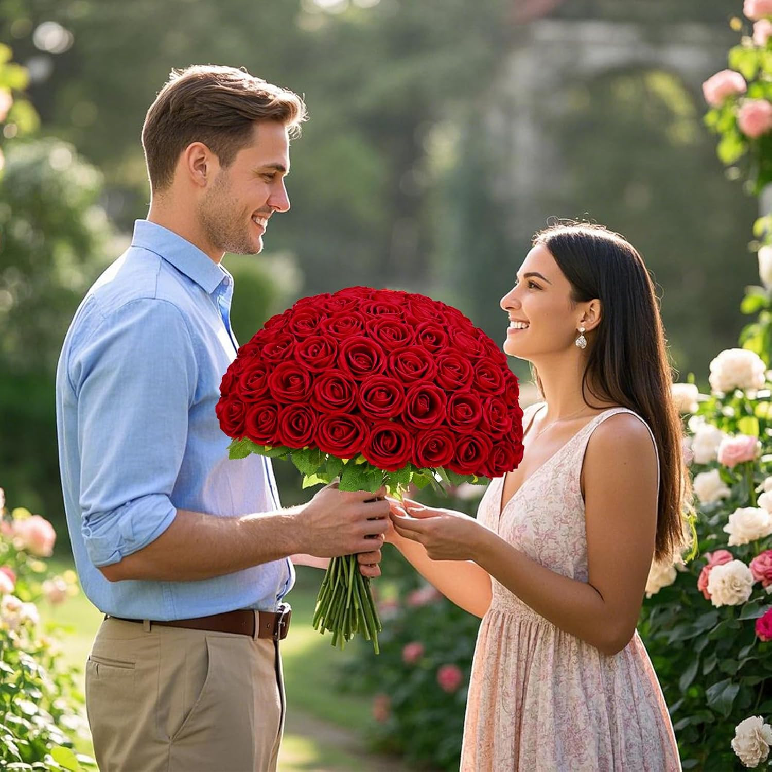 100 Pcs Red Roses Artificial Flowers Bulk, Real Touch Velvet Roses with Wrapping