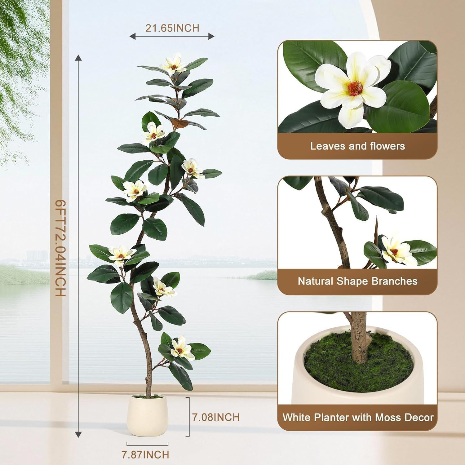 Artificial Magnolia Tree, Tall Faux Plant Indoor with White Flowers in White Pla