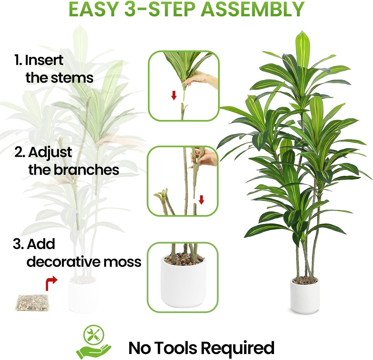 Artificial Dracaena Tree, 5FT Tall Fake Plants with Real Touch Leaves & White Pl