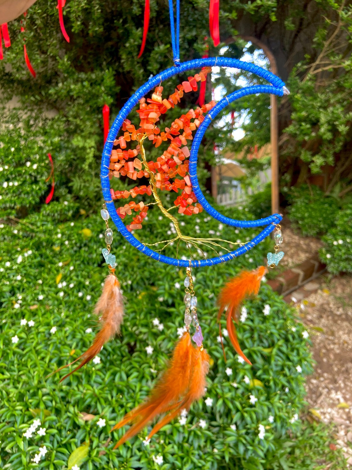 Mystical Blue Moon Dream Catcher with Tree Motifs and Delicate Stone Details