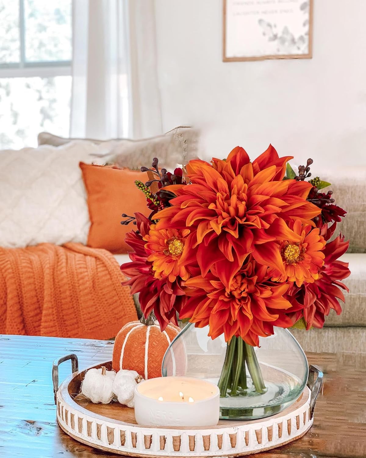 Faux Fall Flowers in Vase, Artificial Dahlia & Mum Silk Floral Arrangement with
