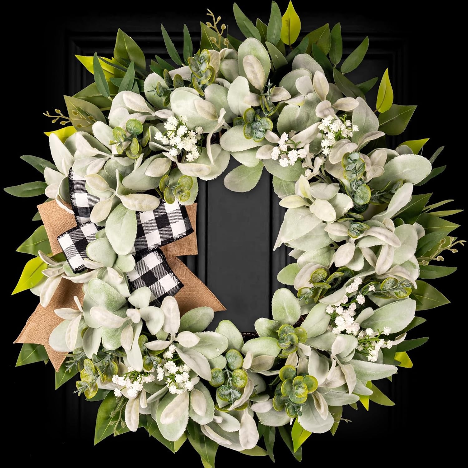Lambs Ear Eucalyptus Front Door Wreath Year Round, 20″ Handmade Green Farmhouse