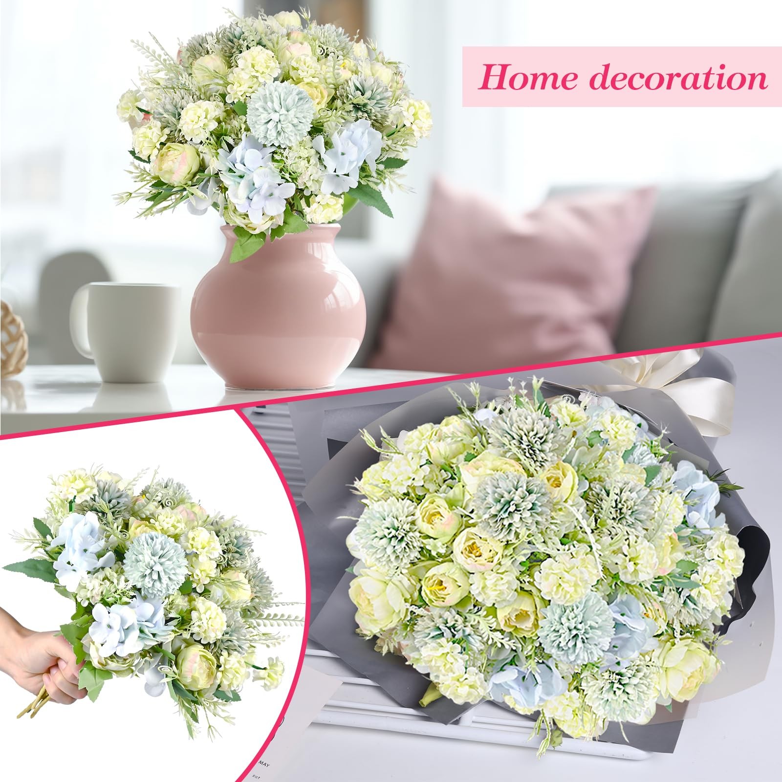 12 PCS Blue Green Peonies Artificial Silk Flowers Fake Bouquet Table Decor