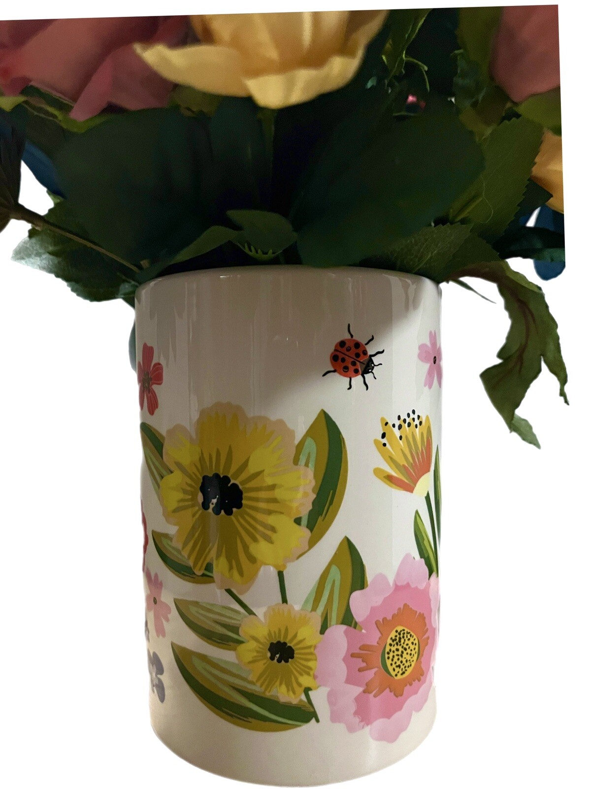 Salmon Pink Rose Blue Floral Arrangement In Floral Vase 15”