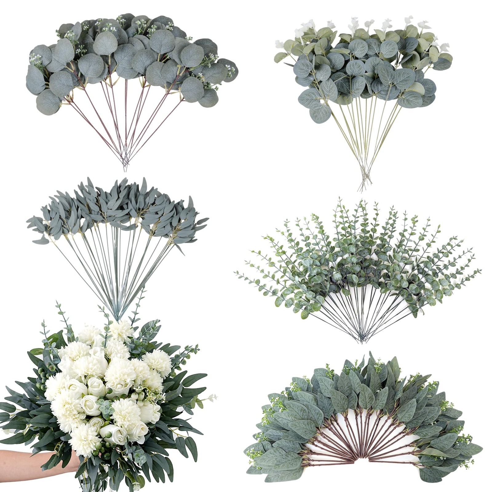 120 Pcs Mixed Eucalyptus Leaves Stems 5 Kinds Artificial Bulk Fake Silver Dol…