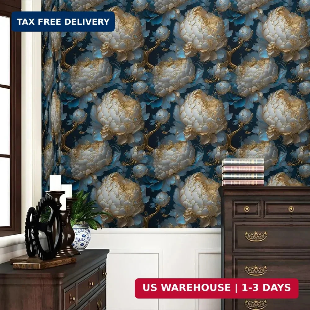 REDAMANCY Vintage Dark Navy Blue Gold White Peony Large Floral Peel and Stick Wa
