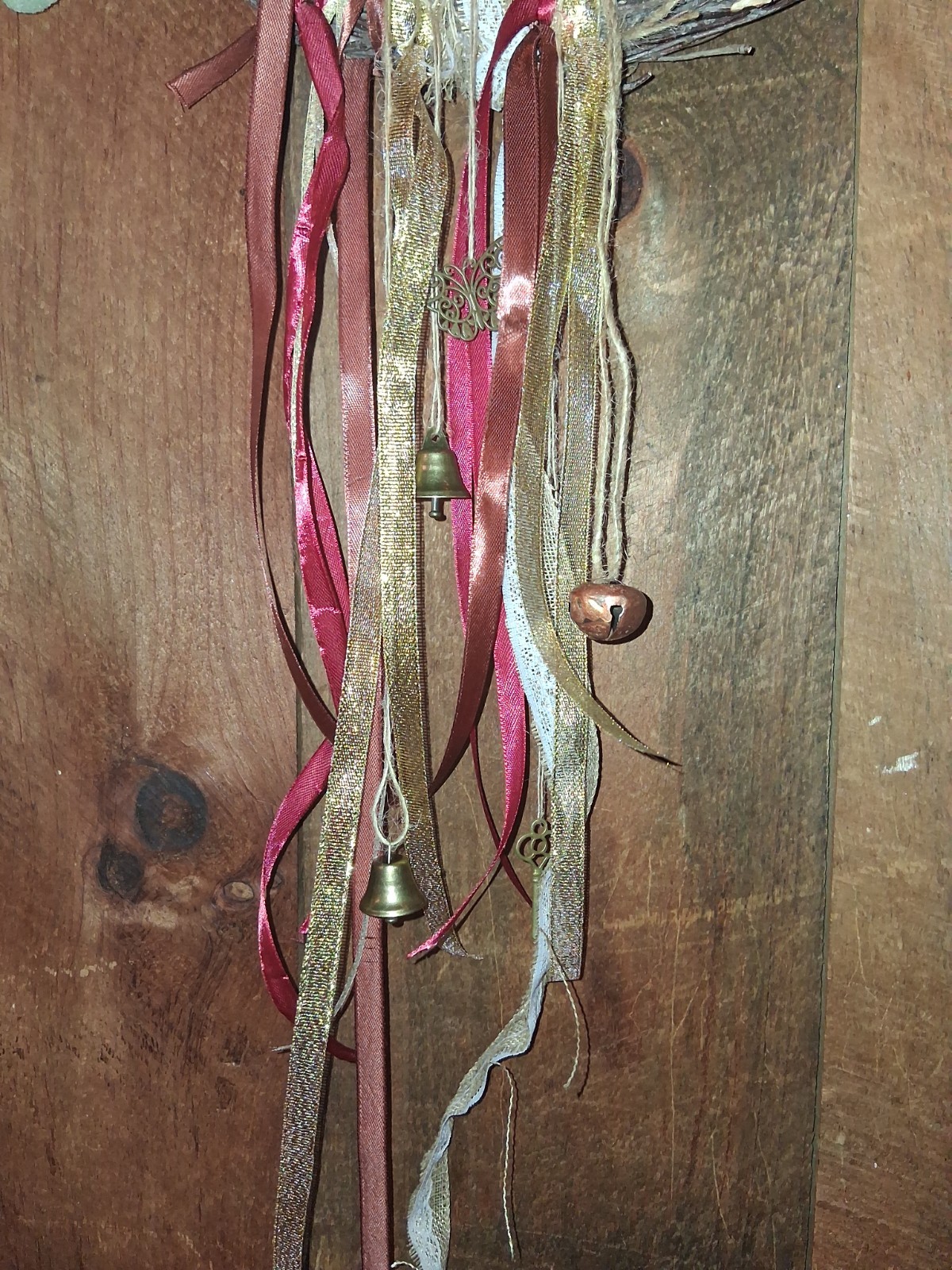 12″ Reiki Infused Crescent Moon Wreath Burgandy, Pinks, With Suncatcher, Bells