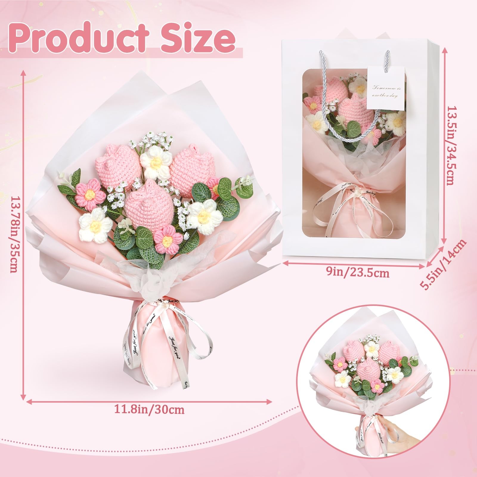 Crochet Flower Bouquet, Pink Handmade Knitted Flowers Bouquet Crochet Tulip F…