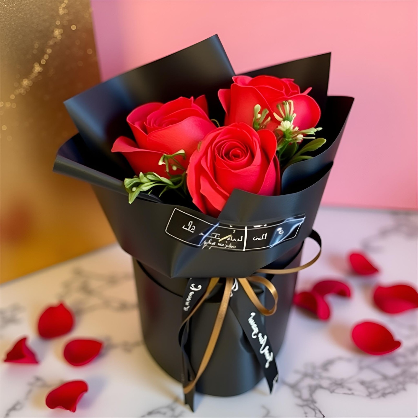 Red 3 Heads Artificial Rose Bouquet Soap Flower Petals Valentine Day Gifts fo…