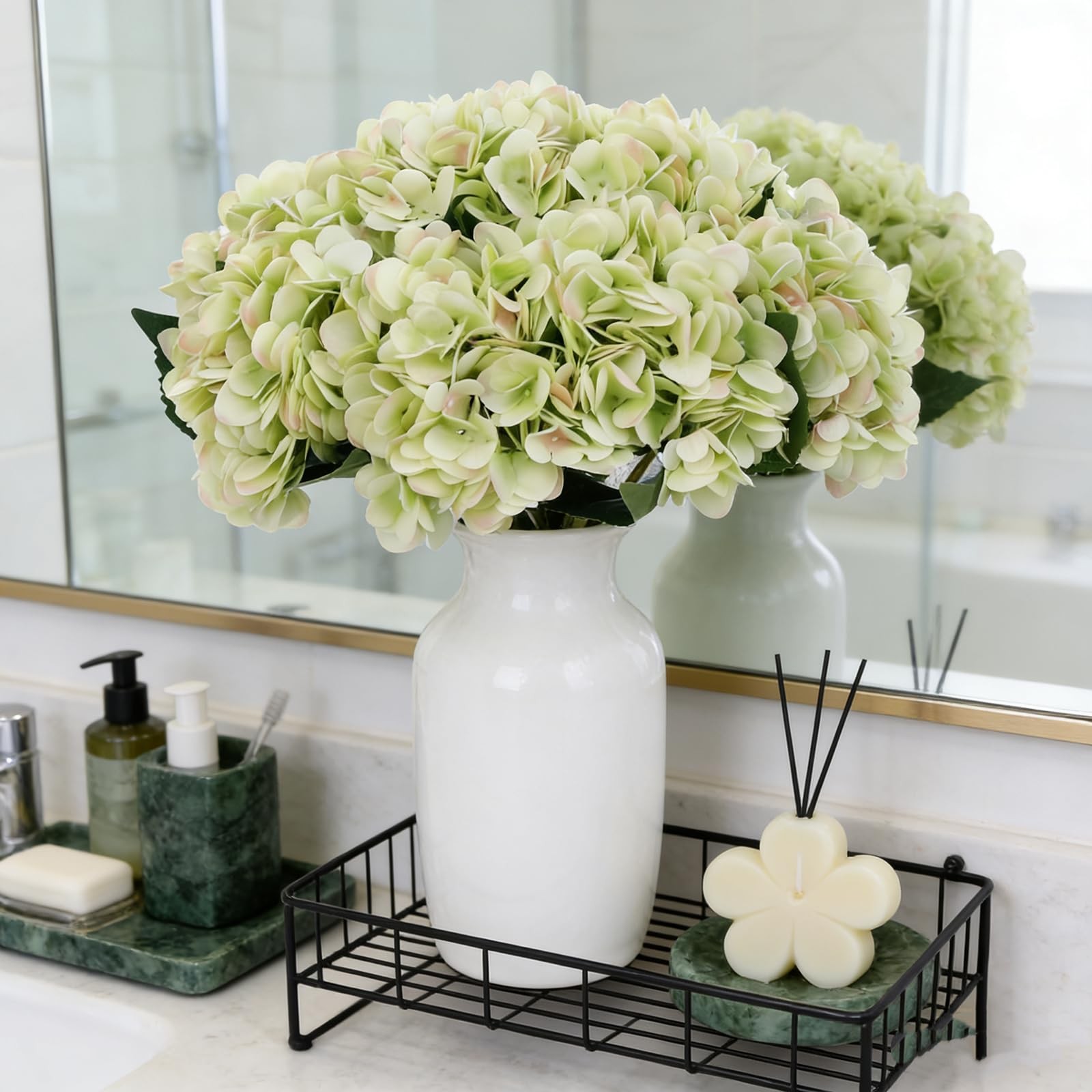 6pcs Green Silk Hydrangea Artificial Flowers Fake Hydrangeas with Lime Green