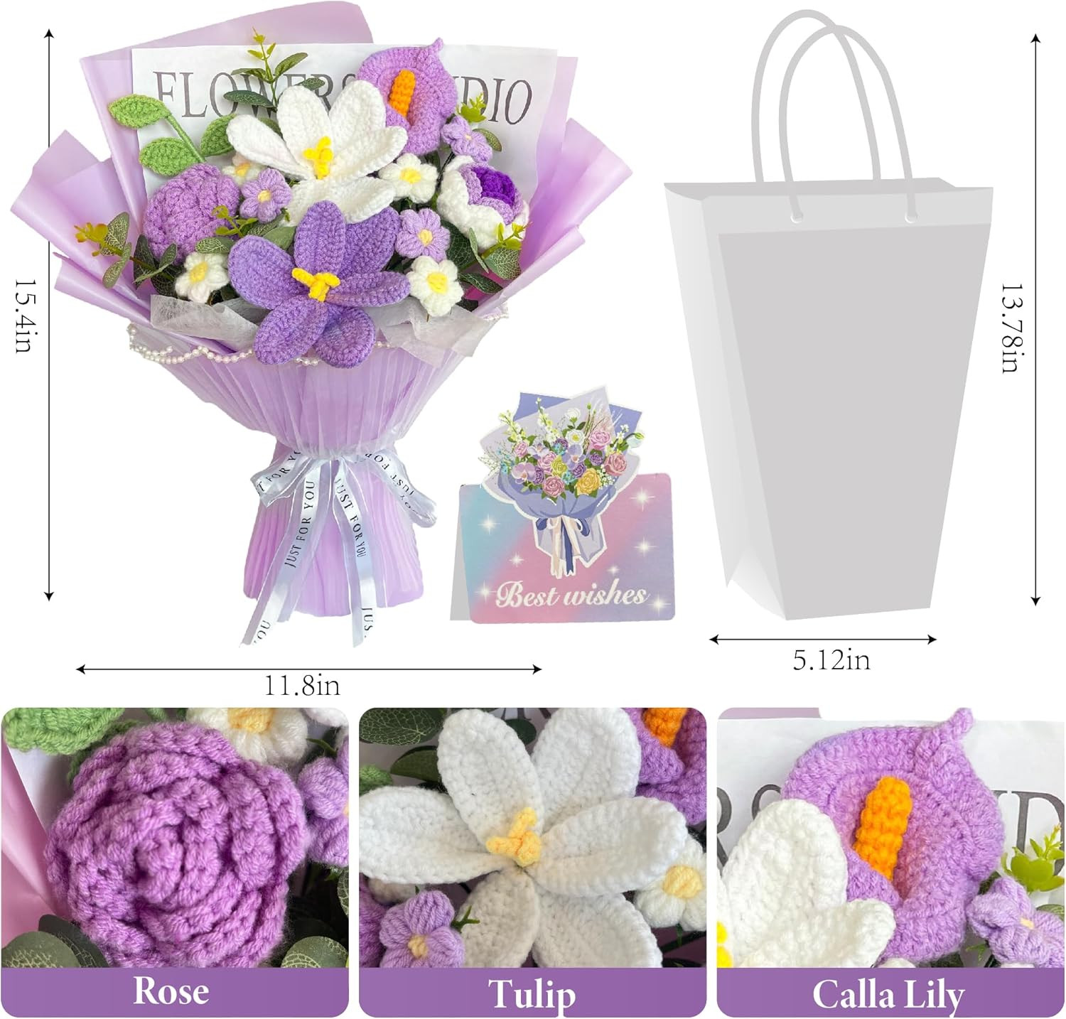 Crochet Flower Bouquet, Purple Handmade Knitted Flower, Crochet Rose Tulips C…