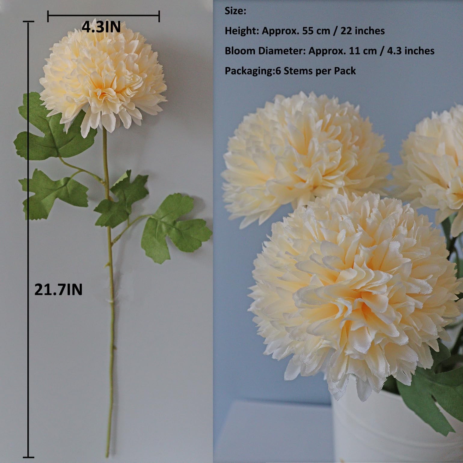 Champagne Artificial Chrysanthemums Flowers 6PCS Faux Mums 4.3In Large Chrysa…