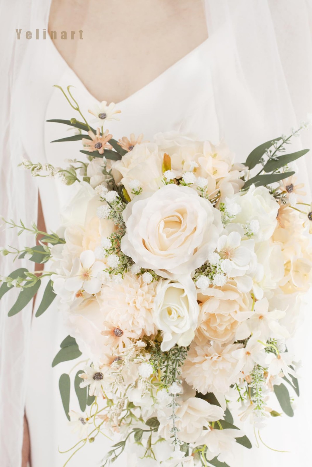 Cascading 11″ White Rose Bridal Bouquet for Rustic Boho Weddings & Events