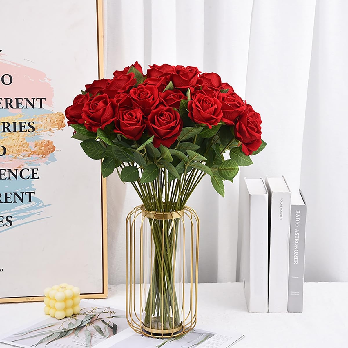 Wine Red Fake Roses Artificial Flowers 10 Pcs Real Touch Silk Faux Roses with…