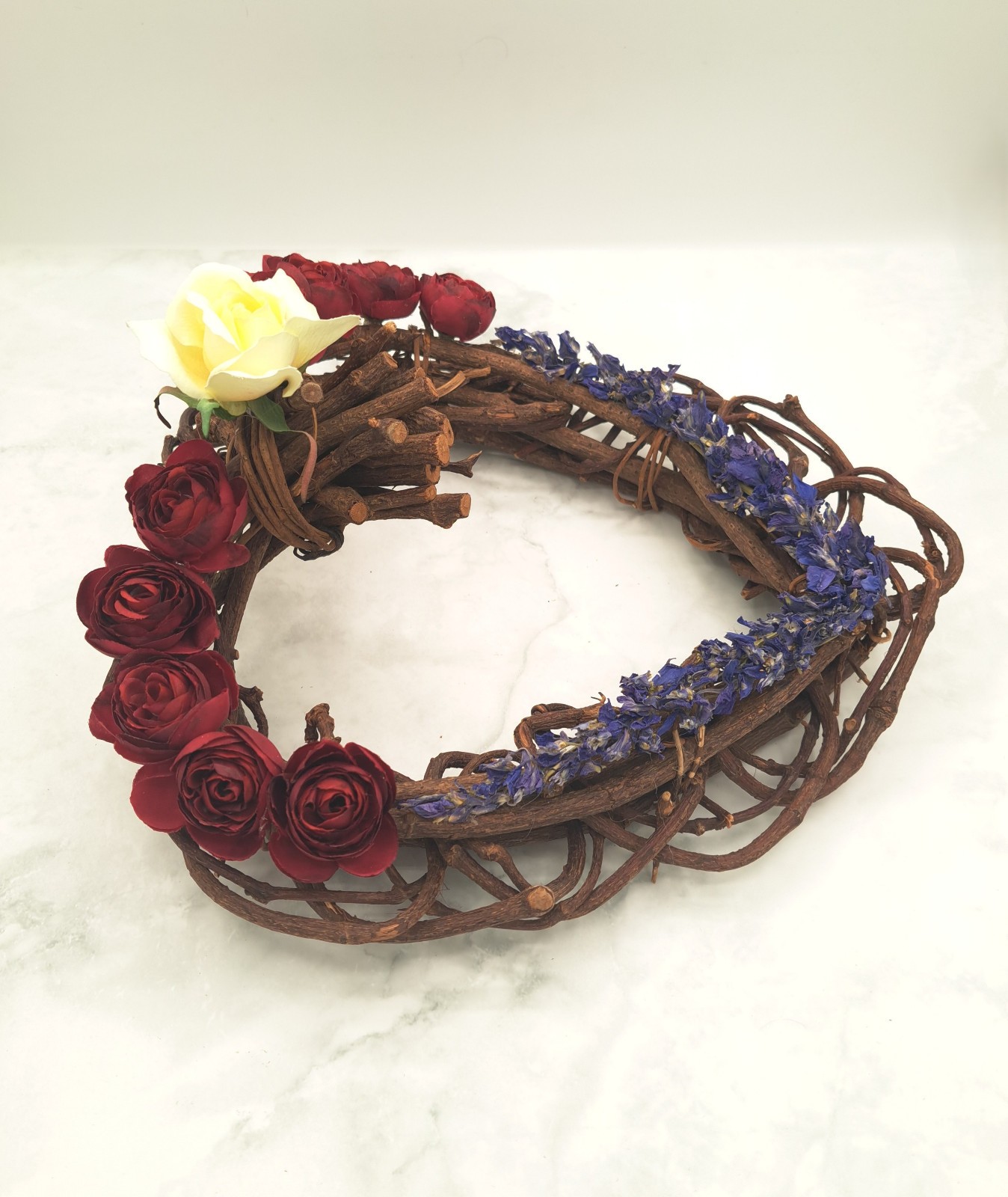 Handmade Red, White & Blue Willow Heart Flower Arrangmt. w/ Dried & Silk Flowers