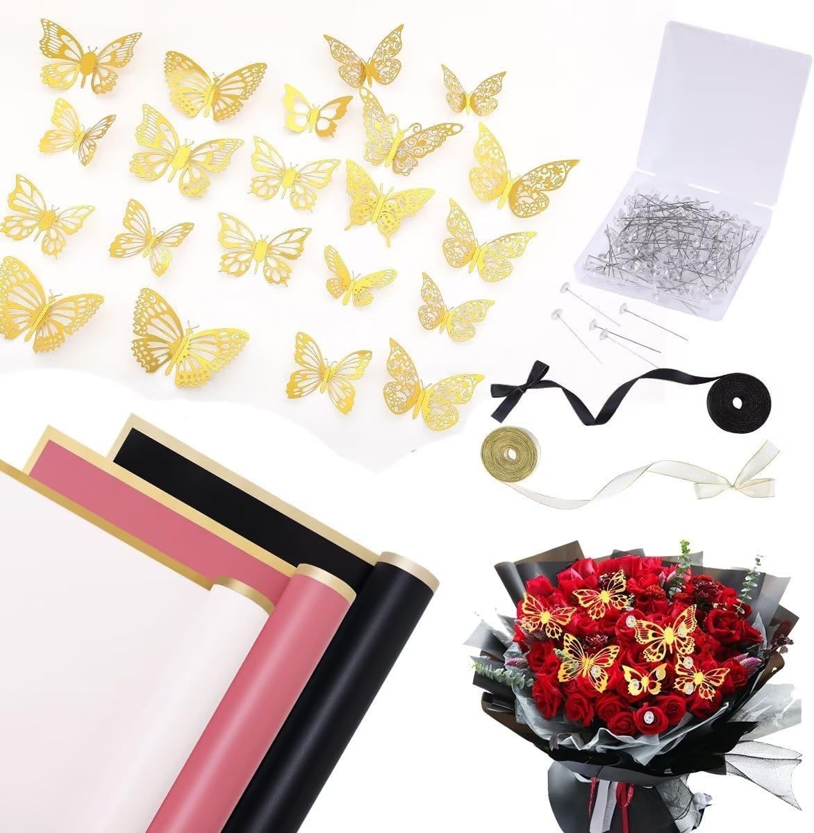 190Pc WEDDING Flower Bouquet 40 Sheet Wrapping Paper 48 Gold Butterfly Pearl DIY
