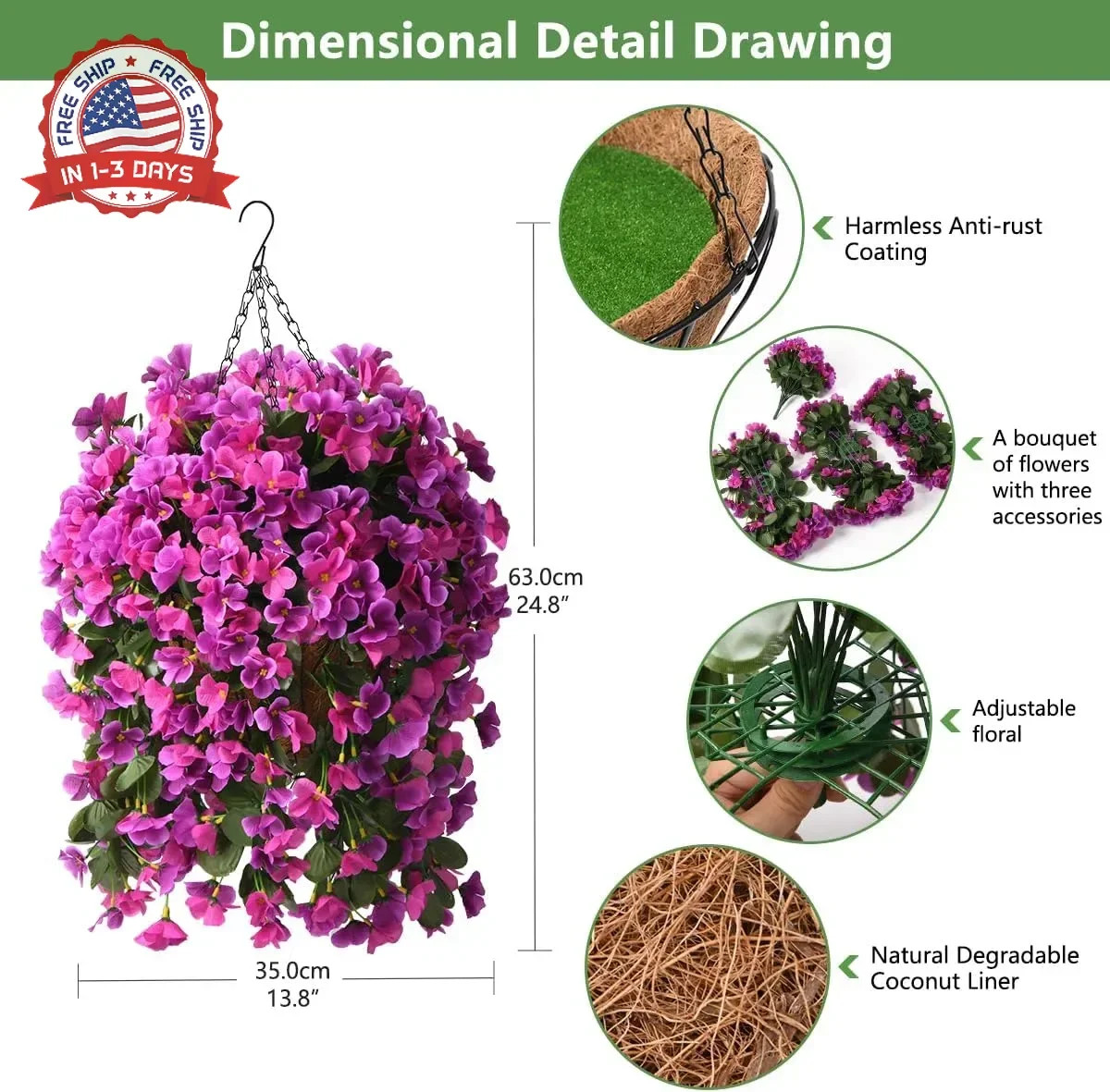 Artificial Begonia Silk Flowers Hanging Basket Set 4 Pcs UV Resistant for Patio