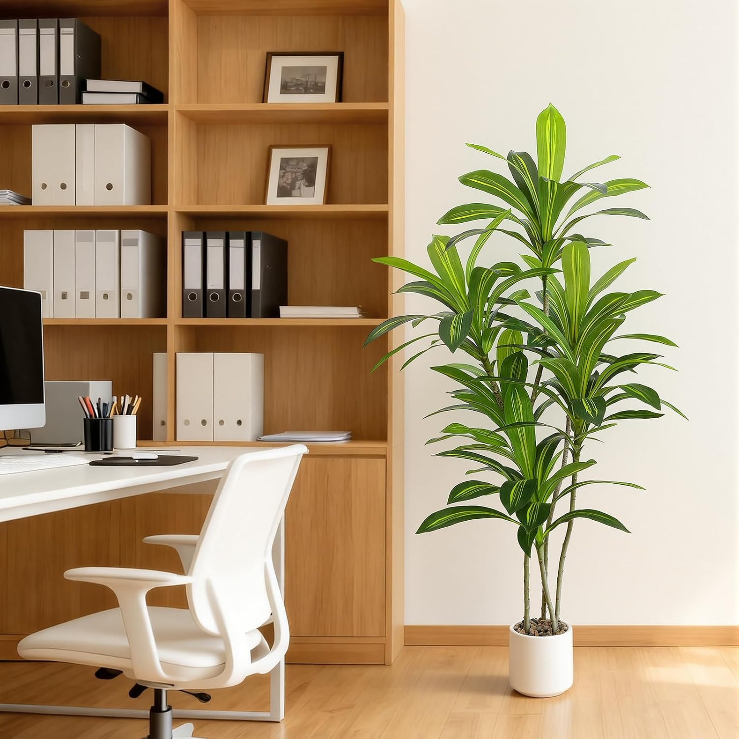 Artificial Dracaena Tree, 5FT Tall Fake Plants with Real Touch Leaves & White Pl