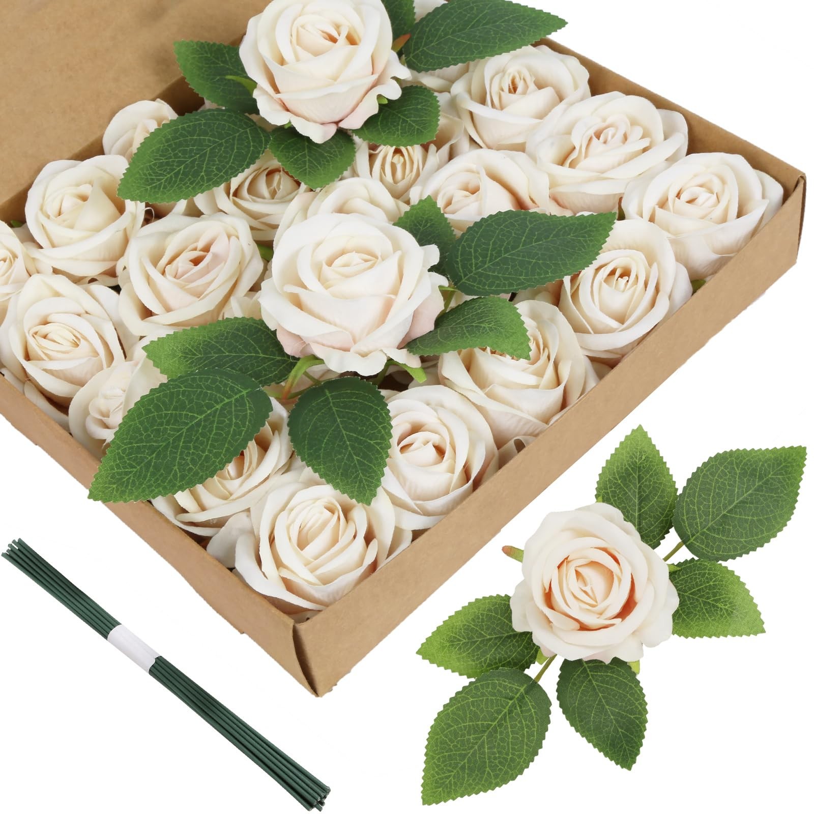 Champagne Artificial Roses 25 Pcs Velvet Roses Artificial Flowers Real Look S…