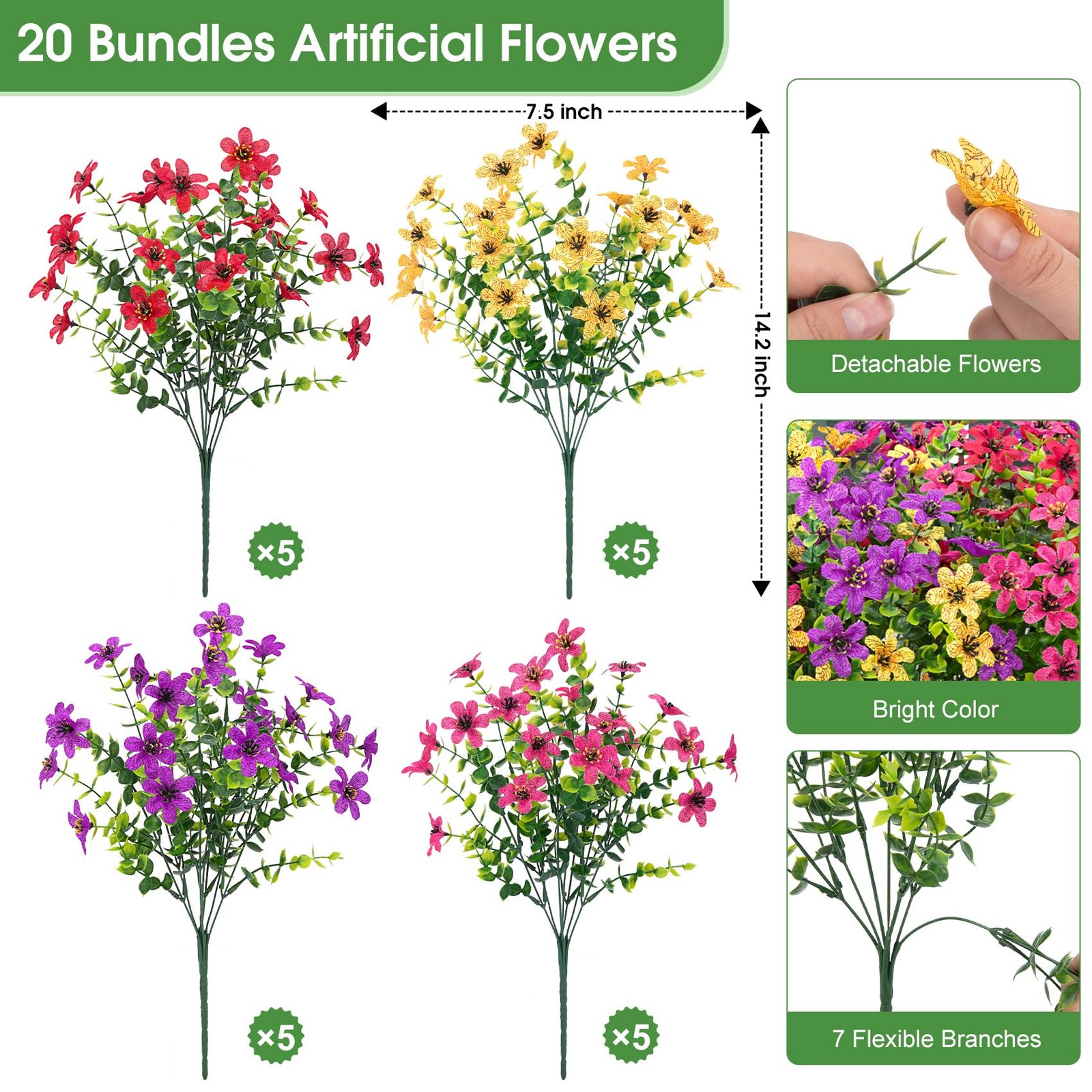 20 Bundles Artificial Flowers for Outdoors Decoration, UV Resistant Home Decor