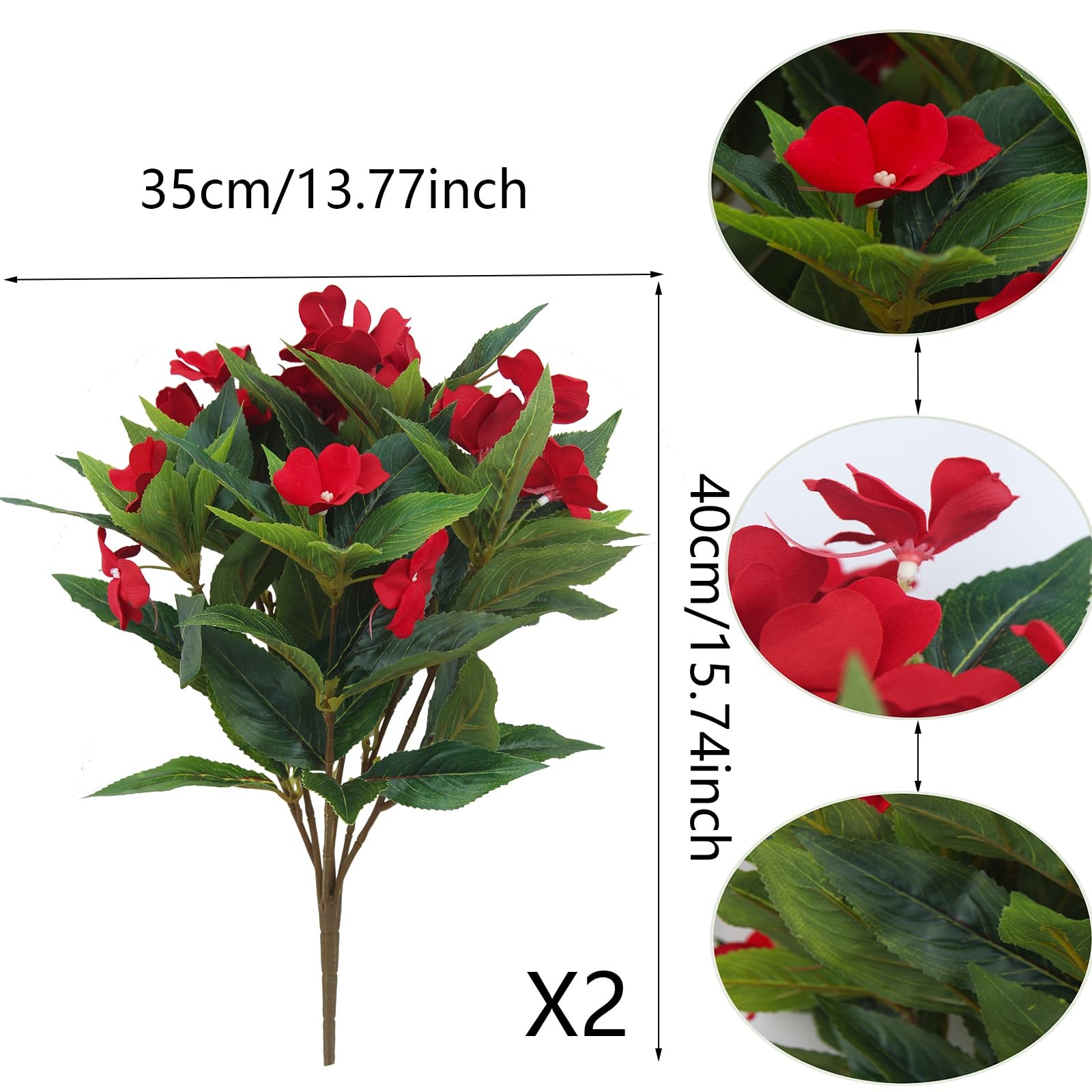 2Pcs Artificial Red Impatien Flowers Outdoor Silk Faux Bush Planter Basket Porch