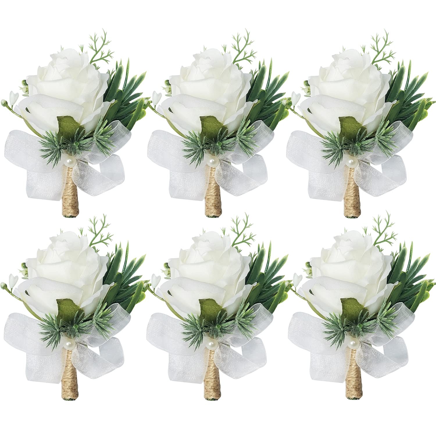 6 PCS Artificial White Rose Wrist Flowers and Mens Boutonniere Corsage Set