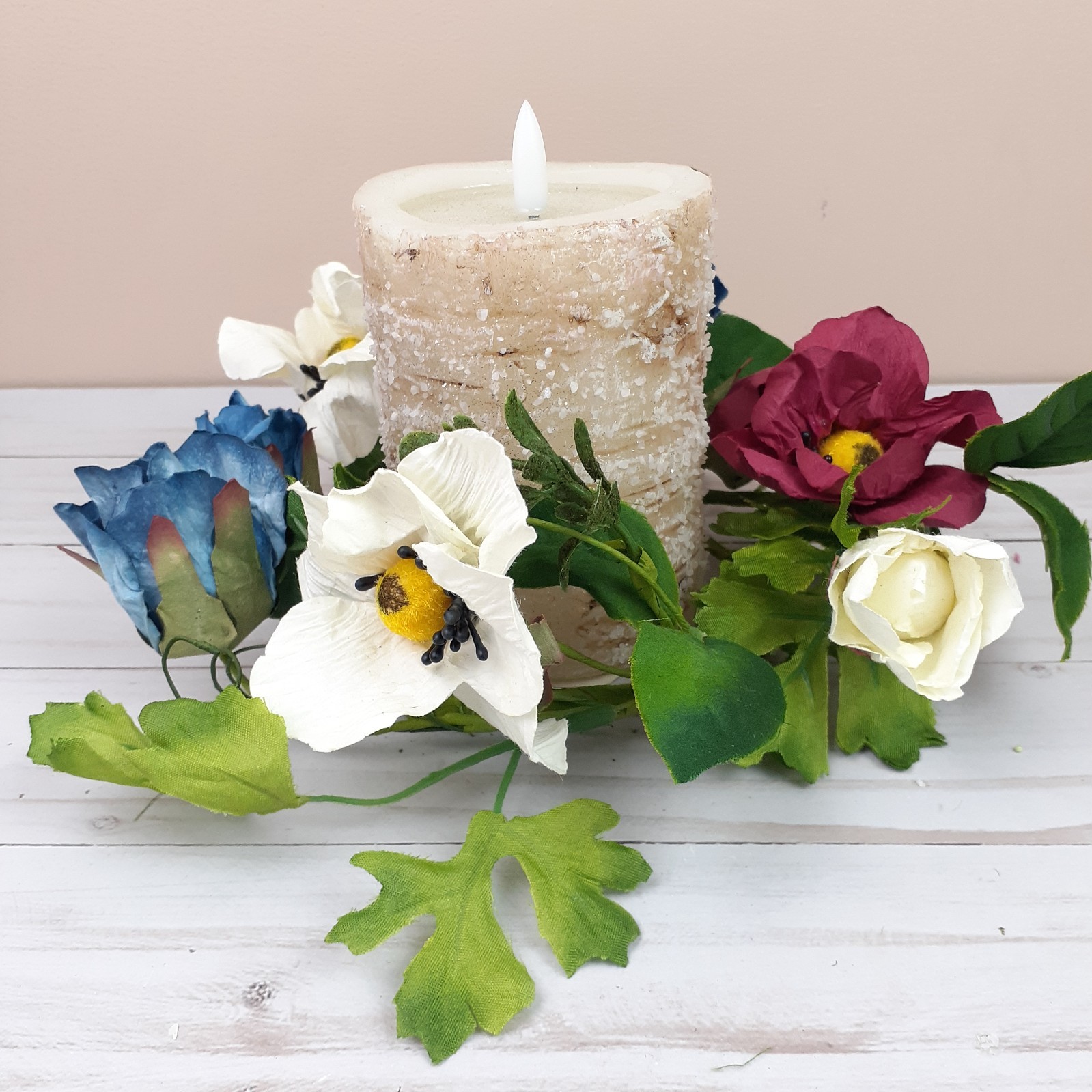 Floral Candle Ring Americana Red White Blue Rose Poppy Flowers 4″ inside